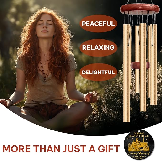 Personalized Farmer Memorial Wind Chime – “Farming Heaven’s Fields” Custom Name & Years – Outdoor Sympathy Gift for Farming Families – Tractor Design Memorial Windchimes for Loss of Loved One