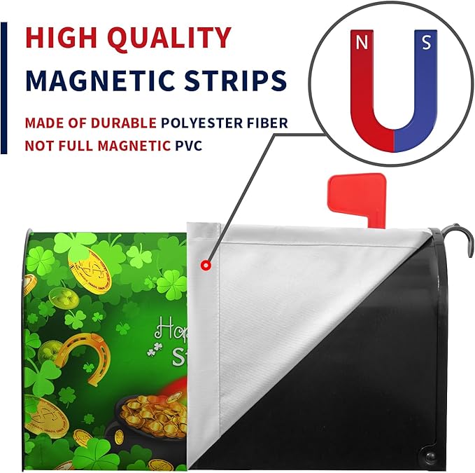 St Patrick Mailbox Covers Green Shamrocks Rainbow Gold Coin Magnetic Mailbox Post Cover Four Leaf Clover Hat Mailbox Wraps Decor Happy St.Patrick's Day Waterproof Standard Size 21X18 inch