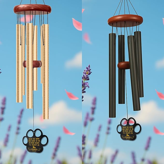 Personalized Pet Memorial Wind Chime – “Hear The Wind and Think of Me” Paw Print Design – Custom Dog or Cat Name & Years – Sympathy Gift for Pet Loss – Outdoor Garden Remembrance Windchime