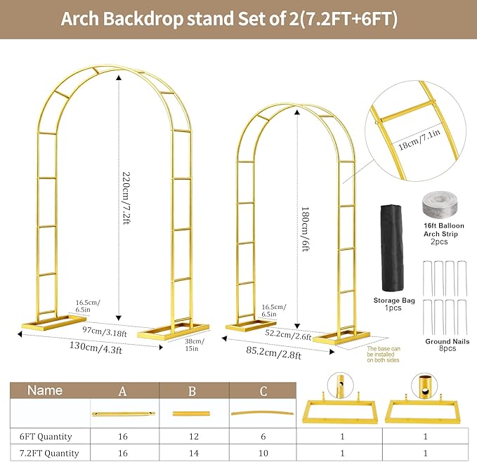 Wedding Arch Backdrop Stand Set of 2 (7.2FT, 6FT),Gold Metal Arch Backdrop Stand,Metal Pergola Arbor with Base,Balloon Arch Stand for Wedding Ceremony Baby Shower Outdoor Indoor Birthday Party Decor