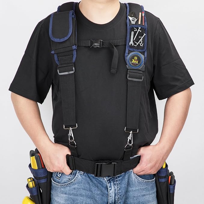 Tool Belt Suspenders for Men, Adjustable Padded Carpenter Tool Belt with Magnetic WristBand Multifunctional Pouch Pocket for Construction Workers (Black)