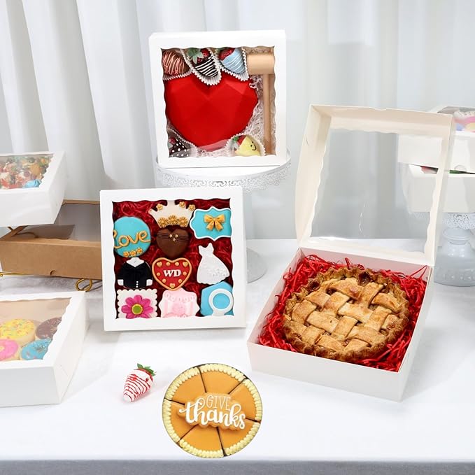 RomanticBaking 24pcs 10x10x2.5 Inches White Pie Boxes with Window - Perfect for Cookies, Chocolate Covered Strawberries, Cakesicles & More