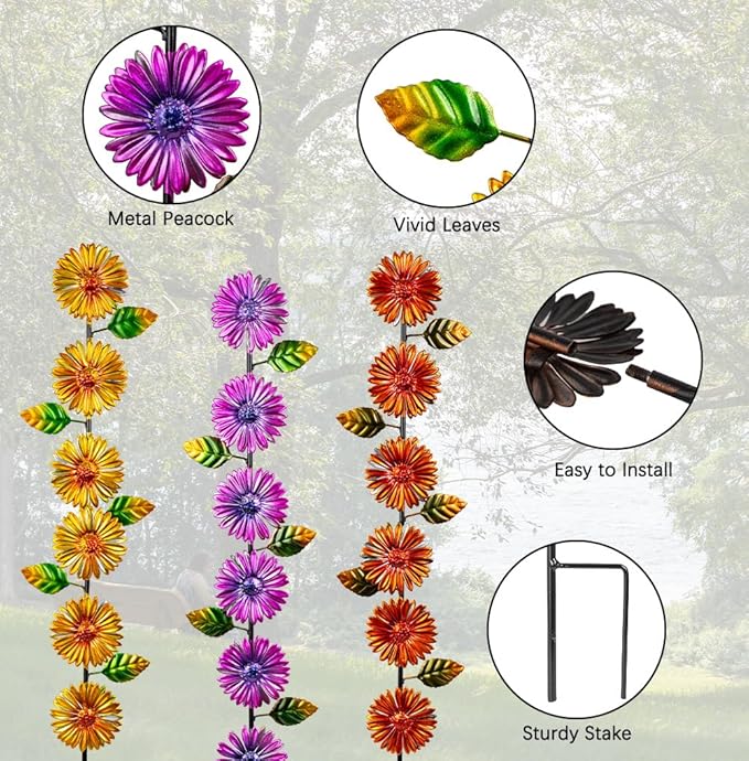 Stargarden Metal Flowers Garden Stakes, 3 Pack Decorative Garden Stakes, Colorful Garden Decor Waterproof Metal Flowers for Outside, Lawn, Patio
