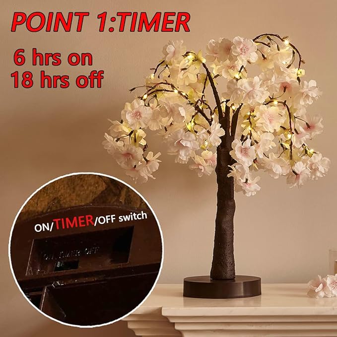 Fudios Lighted Bonsai Tree with Cherry Blossom Branches 40 LED 18IN Japanese Room Decor,Flower Tree with Lights Battery USB Plug for Wedding Party Summer Mantle Decoration