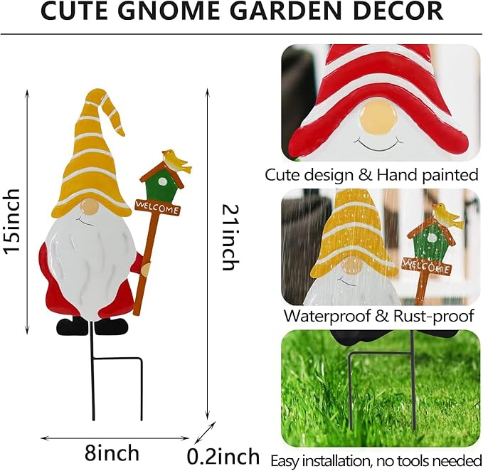 Gnomes Decorations for Yard,Metal Gnomes Decorative Garden Stakes，Garden Ornaments for Outside Yard Lawn,Outdoor Porch Patio (Mix)