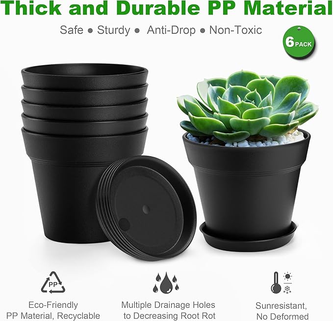 4 Inch Plastic Plant Pots 6 Pack, Small Flower Pots with Drainage Holes and Tray, Thickened Indoor Planters Seedlings Nursery Pots, African Violet, Succulent and All House Plants, Black