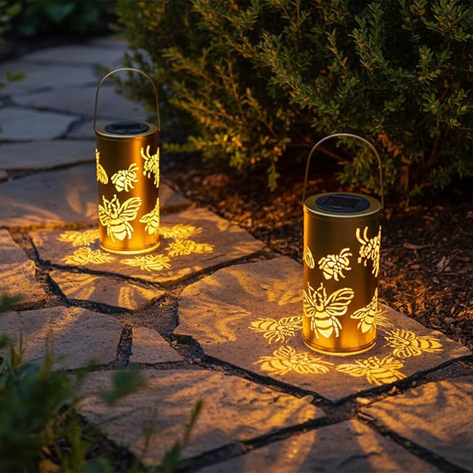 2pack Large Size Solar Laterns Outdoor Waterproof Metal Bee Patterns Garden Decor Gifts for Women Mom Grandma Hanging Solar Lights Decoration Outside for Yard, Patio, Backyard, Porch