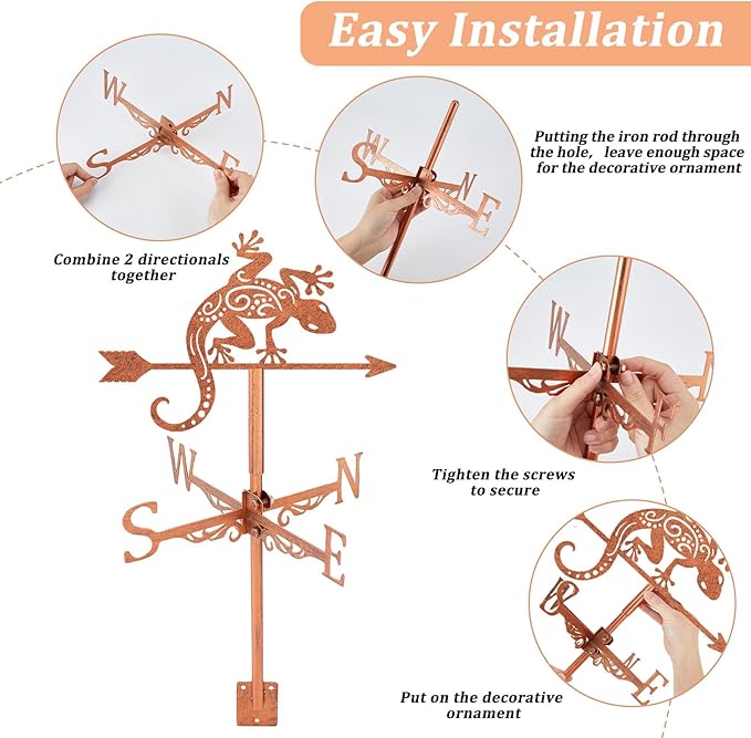 SUPERDANT Gecko Weather Vane Reptile Animal Wind Vanes for Yard Metal Weathervane Roof Mount for Gardens Outside Reddish Copper Weathervanes Farmhouse Farm Barn Sheds Patio Decorations