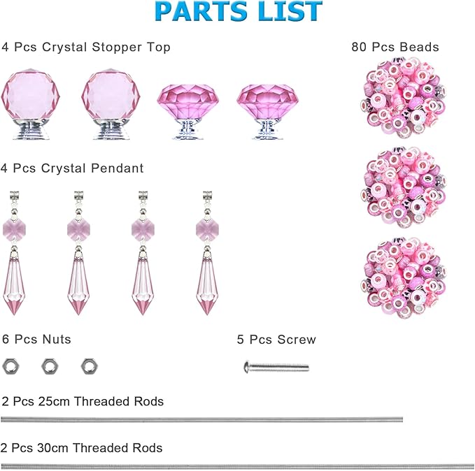 Exway 100 PCS DIY Fairy Wand Beaded Garden Stake Beads Kits with Pink Large Hole Beads 4 Crystal Stopper Top Threaded Rods and 4 pink Sparkling Crystal Pendants for outdoor indoor Decor
