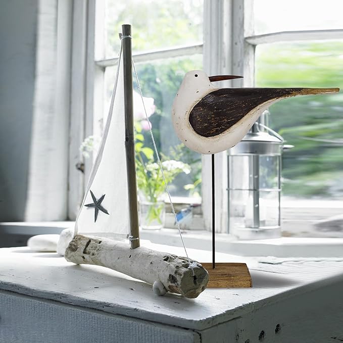 Aecipl Wooden Sea Bird Statue Seagull On Stand Decor Nautical Coastal Birds Sculpture Indoor Outdoor Animal Figurine Beach Themed Decoration Rustic Home Art for Bedroom Garden (I)