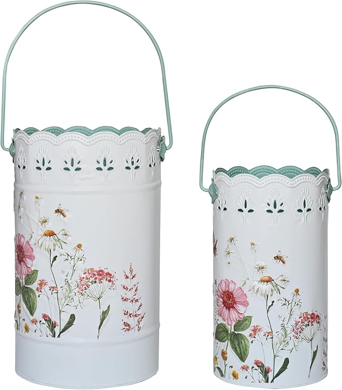 Set of 2 Vintage White Metal Flower Pots, Decorative Floral Buckets Distressed Iron Vases Farmhouse Planters for Dried Flowers, Faux Plants, Home Garden Decor (Flower)