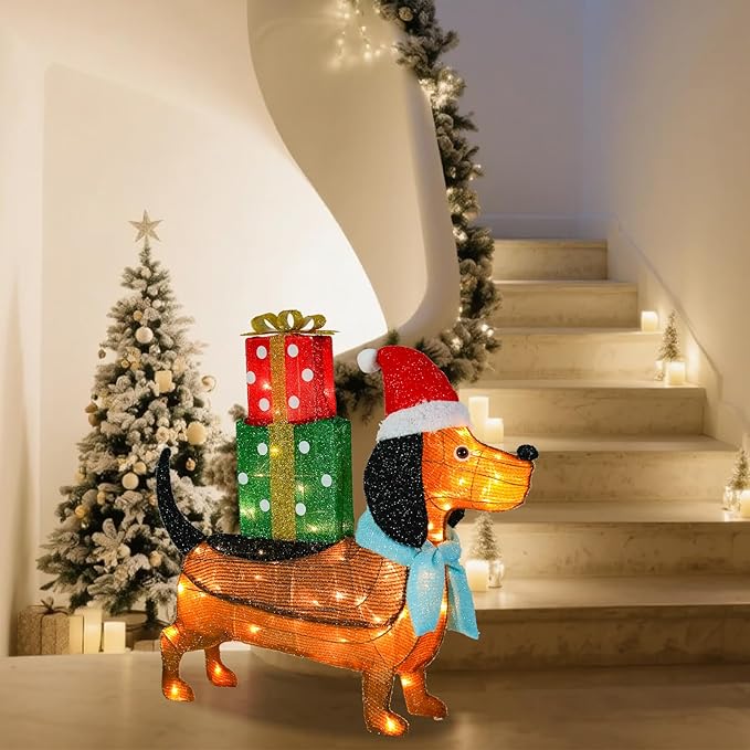 Christmas Outdoor Decoration Lighted Dog Dachshund 25" Xmas 25 LED Warm Lights 3D Decor Indoor, Battery Powered Outdoor Holiday Decorations for Home, Yard, Garden