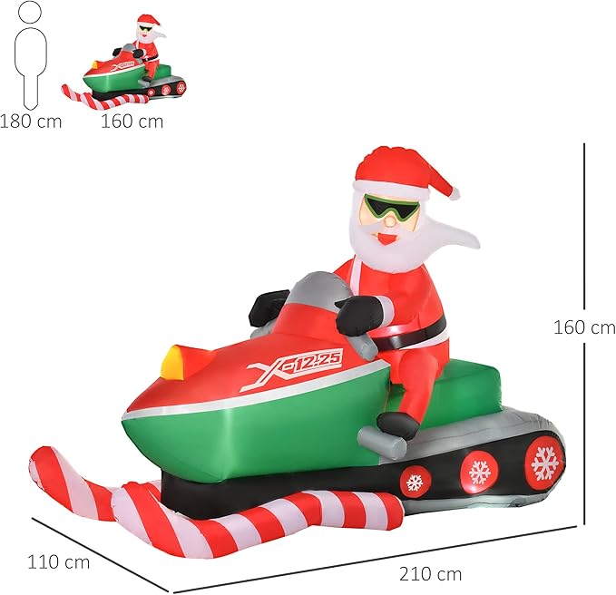 HOMCOM 7ft Christmas Inflatables Outdoor Decorations Santa Claus Driving a Snowmobile, Blow-Up Yard Christmas Decor with LED Lights Display