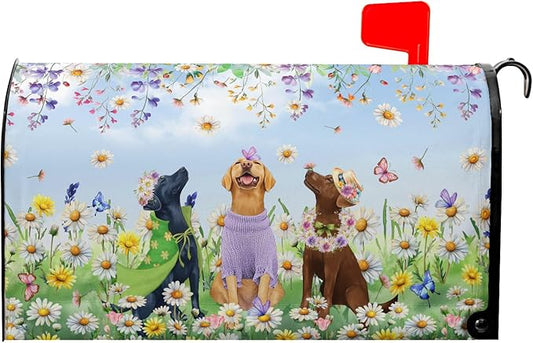 Spring Dog Mailbox Cover with Magnetic 21x18Inch Colorful Wildflower Butterfly Puppy Waterproof Mailbox Wrap Letter Post Cover Standard Size for Garden Yard Outdoor Season Outside Decor