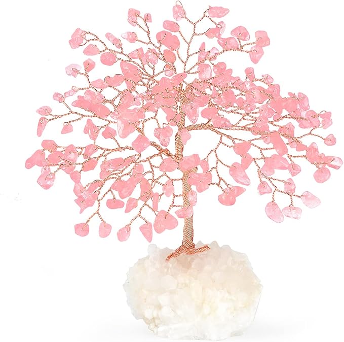 Gemstone Crystal Tree of Life,Natural Rose Quartz Clear Quartz Cluster Base,Healing Crystal Positive Energy Bonsai Feng Shui Money Tree Home Decor for Luck and Wealth 5.5"-6.3"