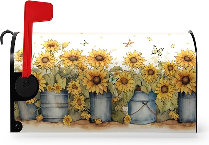 Summer Sunflower Mailbox Covers Magnetic Standard Size Yellow Flowers Mailbox Post Cover Summer Floral Mailbox Wraps Decor Waterproof for Garden Yard 21x18 Inch