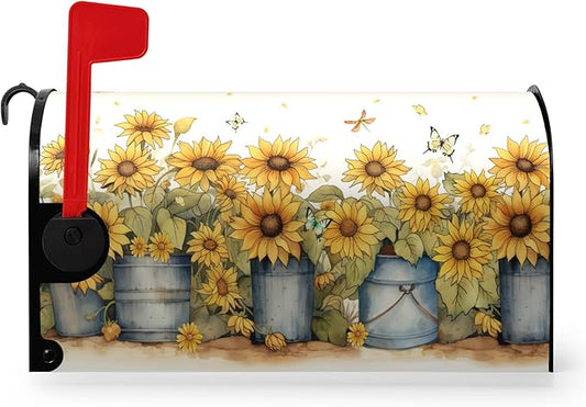 Summer Sunflower Mailbox Covers Magnetic Standard Size Yellow Flowers Mailbox Post Cover Summer Floral Mailbox Wraps Decor Waterproof for Garden Yard 21x18 Inch