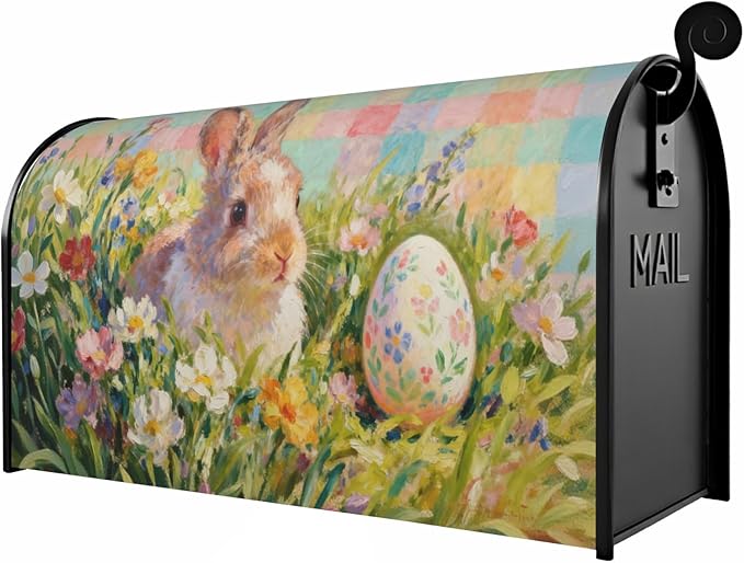 Spring Easter Bunny Floral Large Mailbox Covers Magnetic Oversized Pastel Pink Plaid Rabbit Flower Egg Holiday Outdoor Seasonal Decorative Letter Box Cases for Home Garden Outside Decor, 25.5x21 Inch