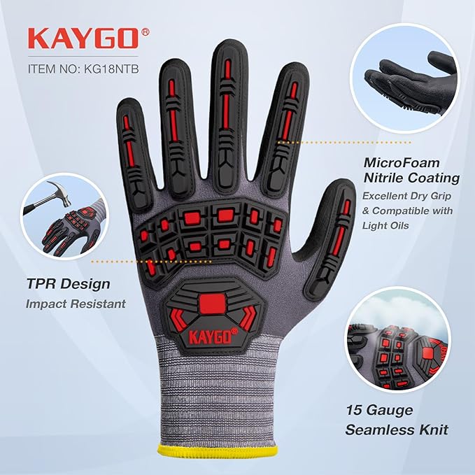 KAYGO Impact Reducing Work Gloves for Men, 3Pairs KG18N TPR Safety Work Gloves MicroFoam Nitrile Coated, Seamless Knit Nylon, Ideal for General Purpose, M