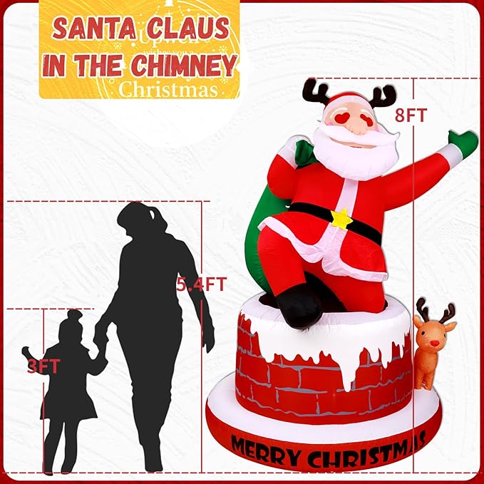 UPWELL 8FT Inflatable Chimney Santa Claus - Classic Outdoor Holiday Yard Decoration with LED Lights, Self-Inflating, Stable & Durable, Suitable for Christmas Decor & Events