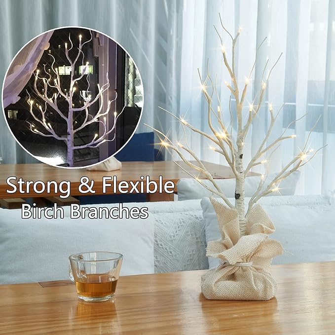 Fudios Lighted Birch Tree with Timer Battery Operated 18in Home Decor Tabletop, Pre lit Artificial Birch Trees with 24 LED for Wedding Christmas Party