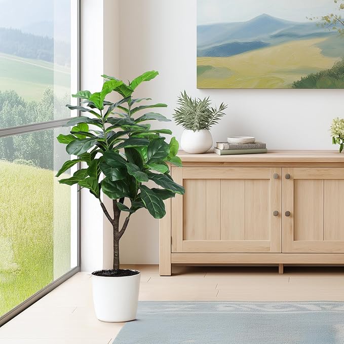 Artificial Fiddle Leaf Fig Tree, 4 FT Tall Fake Ficus Lyrata with Pot, Faux Silk Plants Indoor, Realistic Artificial Plants Decor for Home Office Living Room Decor Indoor Outdoor