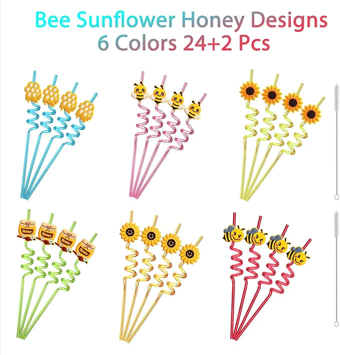 24 Bee Party Favors Bee Sunflower Honey Drinking Straws Goodie Gifts for Kids Birthday Party Supplies with 2 PCS Cleaning Brushes