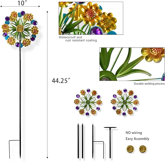 Wind Spinner, Metal Yellow florets and Purple Jewelry 44.25 inch Outdoor Metal Wind Spinners for Patio,Lawn,Garden,Creative Gifts for Women, Double Windmill with Stable Stake