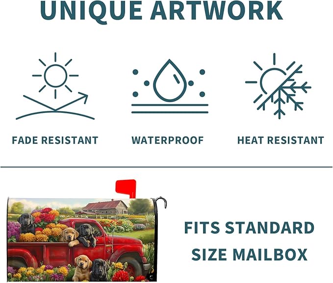 25.5"x21" Spring Truck Dogs Magnetic Mailbox Cover Summer Floral Puppy Decorative Mailbox Wrap Post Cover Waterproof Large Size for Garden Yard Outdoor Outside Patio Farmhouse