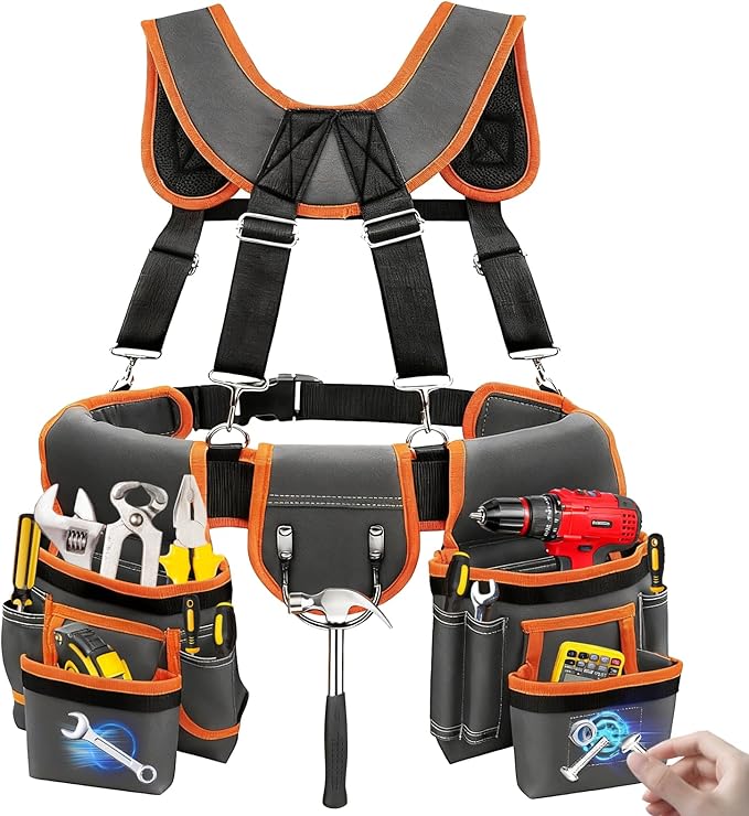 JUSTHERE Tool Belt, Professional Tool Belts for Men, 32''-60'' Size Adjustable Magnetic Tool Pouch With Suspenders & Multiple Pockets, Detachable Utility Belt Work Bags for Electrician, Carpenter