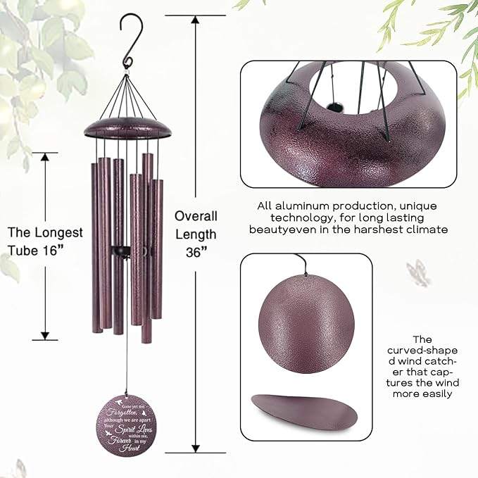 Sympathy Wind Chimes Personalized, 36in Deep Tone Chimes in Loving Memory, Loss of Loved One, Sympathy Gifts Memorial Gifts for Funeral, Outdoor (Produced in USA)