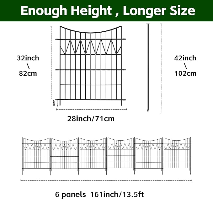 6 Panels Garden Fence Animal Barrier, 32in(H)×13.5ft(L) Rustproof Metal No Dig Fence | Reusable Decorative Garden Fence Border with Extra-Long Ground Stakes | Temporary Dog Fence for Yard, Black