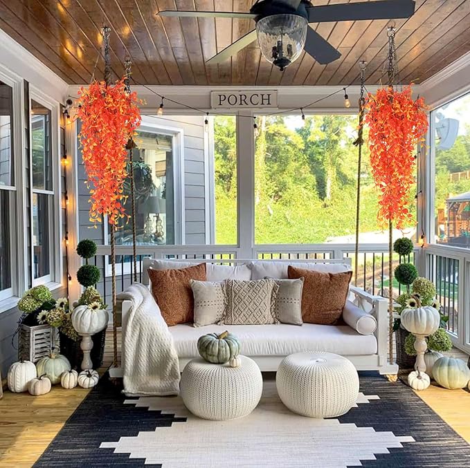 RECUTMS Artificial Hanging Plants Fall Garland 4Pcs 33 Inch Faux Wall Plant UV Resistant Fake Eucalyptus Leaves Ivy Greenery Indoor Outdoor Porch Garden Home Office Autumn Thanksgiving Party Décor