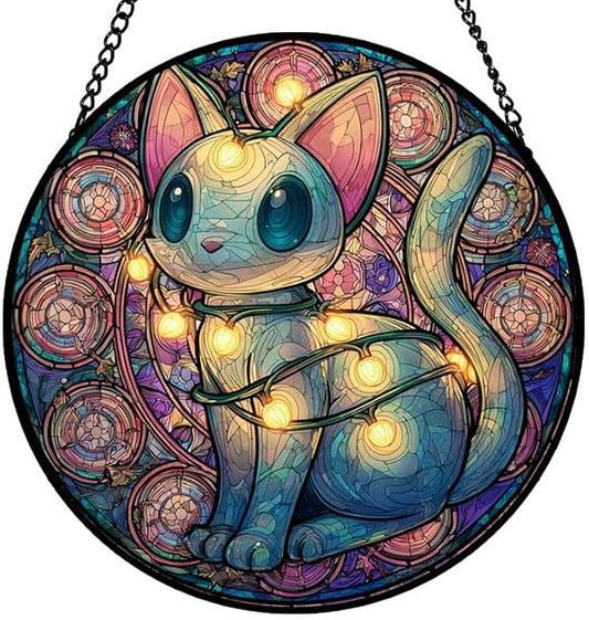 Stained Glass Window Hanging – 7.8 in Cute Cat with String Lights Panel with Chain， Bathroom Front Door Living Room Garden Decor， Gift for Mom Wife Lovers