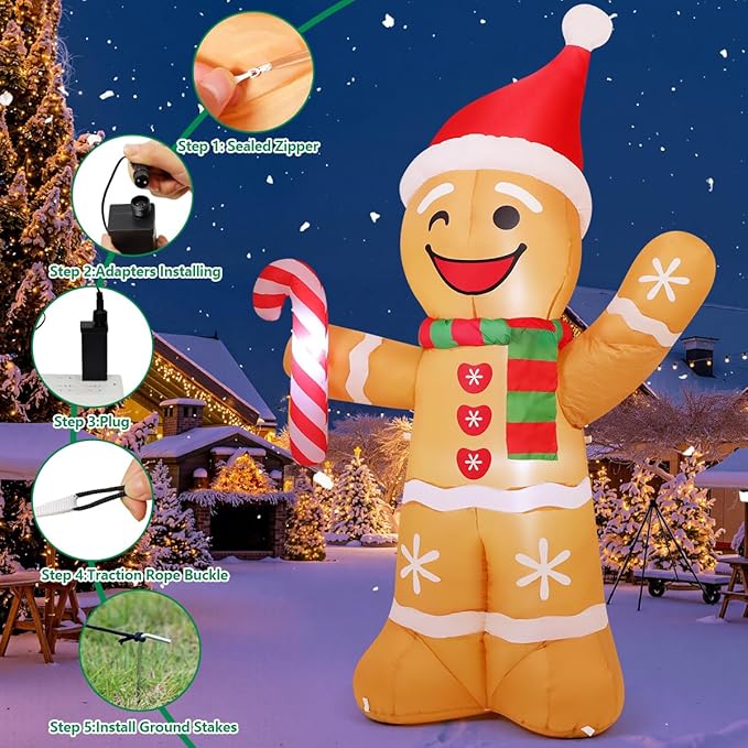 COMIN 7.8 FT Christmas Inflatables Outdoor Decorations Inflatable Gingerbread Man Wave Hands Blow Ups with Built-in LEDs for Yard Party Lawn Decor