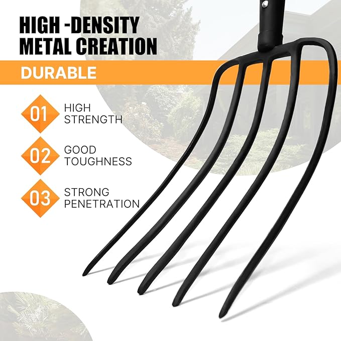5-Tine Pitchfork for Gardening, 57-Inch Heavy Duty Garden Fork with Orange Fiberglass Handle for Compost, Mulch and Manure