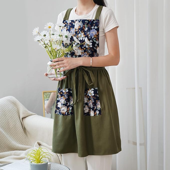 Vintage Pinafore Apron Dress for Women with Pockets Cute Floral Chef Aprons for Kitchen Cooking Baking Gardening