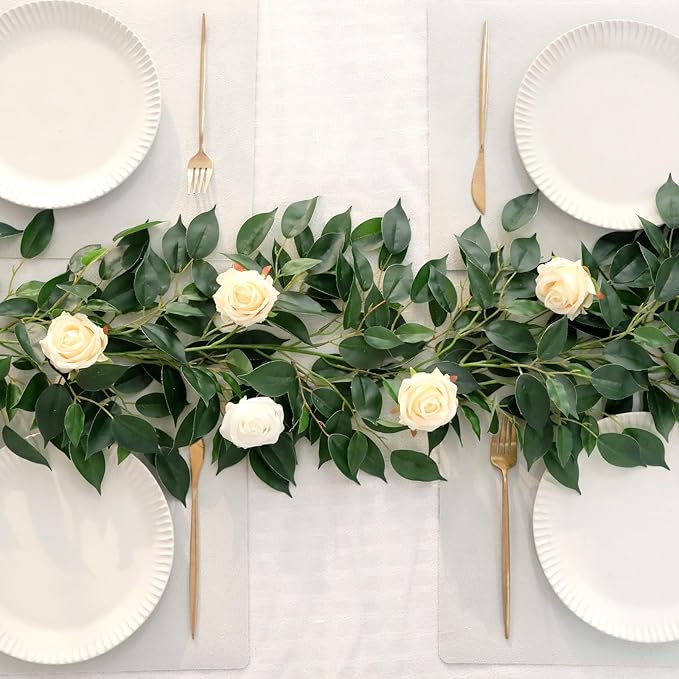 2 Strands Artificial Ficus Vines 79'' Fake Ivy Garland Greenery with Silk Green Leaves Faux Hanging Plants for Bedroom Home Wall Wedding Arch Party Room Decor
