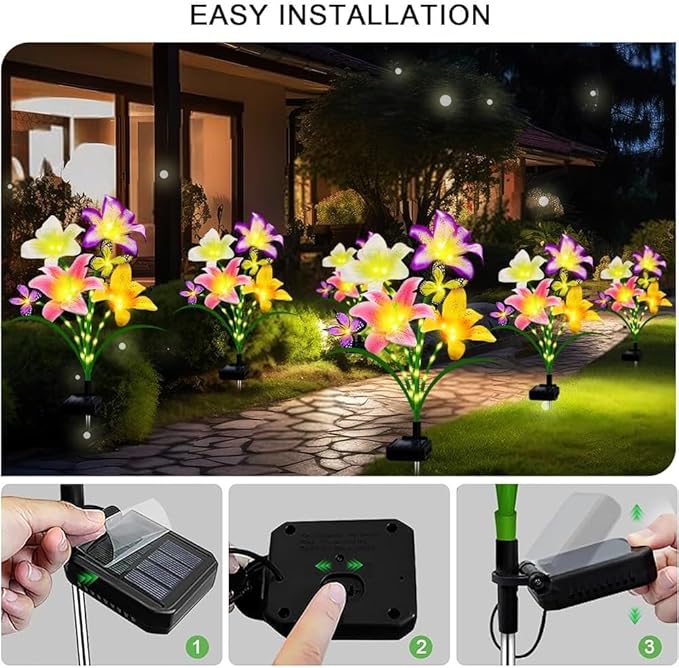 Solar Garden Lights 2 Pack with 8 lilies Outdoor Decorative flower Lights for Garden, Gift for family and Friends, IP65 Waterproof flower Solar Outdoor Stake Light for Yard Patio Lawn Pathway