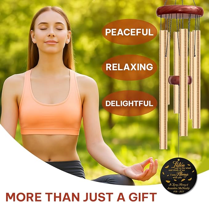 Personalized “Listen to The Wind” Memorial Wind Chime – Custom Name & Years – Golden Feather Remembrance Gift – Outdoor Sympathy Windchime for Loss of Loved One – Comforting Bereavement Keepsake