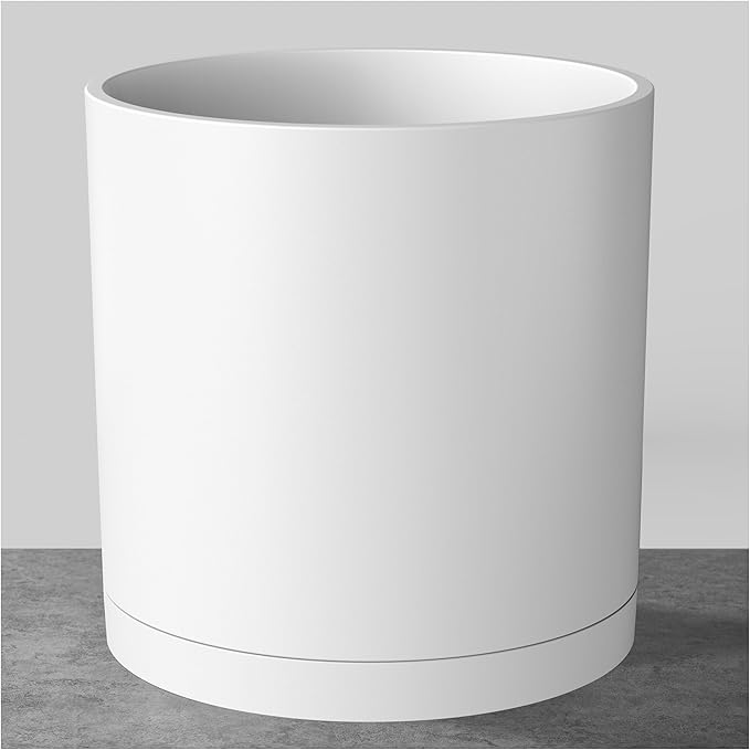 FaithLand 14-Inch Large Modern Cylinder Planter, Thick-Walled Plastic Plant Pot with Drainage Holes and Detachable Saucer, Matte White, Ideal for Indoor & Outdoor Plants Flowers