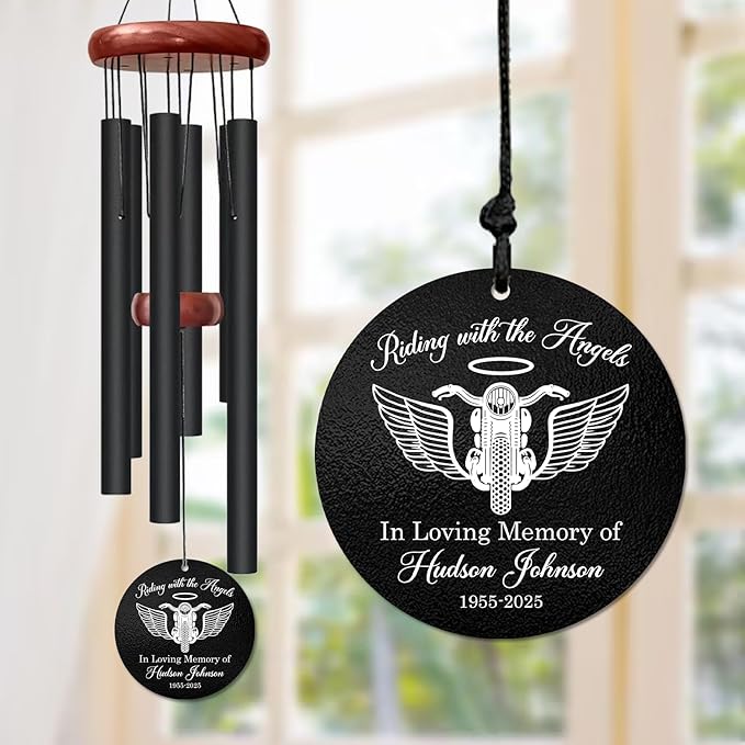 Personalized Motorcycle Memorial Wind Chime – “Riding with The Angels” Custom Name & Years – White Engraved Outdoor Sympathy Gift for Loss of Loved One – Biker Remembrance Windchime