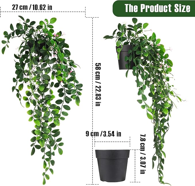 2 x Fake Hanging Plants Small Artificial Potted Lysimachia Plants with White Pink Flowers for Home Decor Nearly Natural Hanger Greenery for Wall Room Indoor Outdoor Shelf Decor