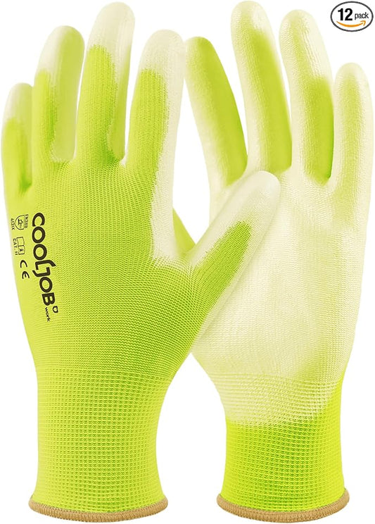 COOLJOB 12/60 Pairs Safety Work Gloves Pack Bulk with Grip PU Coating, 13 Gauge Seamless Knit Gloves with Polyurethane Dipped for Warehouse Working, Breathable Lightweight for Men Women, Yellow Medium