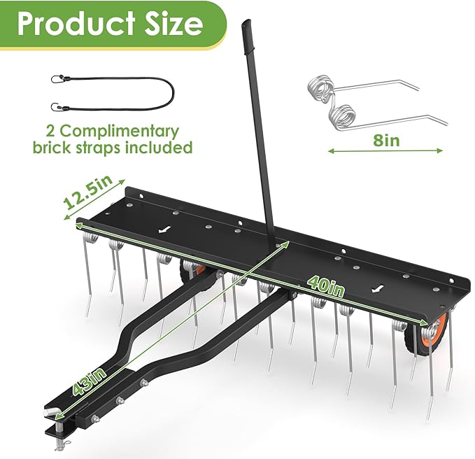 Seeutek 40 Inch Tow Behind Dethatcher, Pull Behind Lawn Dethatcher with 20 Spring Steel Tines Lawn Dethatcher Rake for ATV or Mower w/2 Cement Brick Straps and Gloves, for Garden Farm Grass