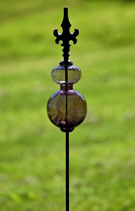 Zaer Ltd. Colored Blown Glass Garden Stake with Cast Iron Finial on Top (Pack of 2) (Royal Purple)