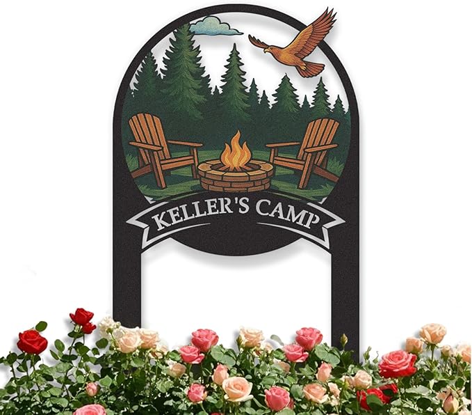 Personalized Camping Signs, Colorful Camping Decor for Outside, Customized Camp Name Sign with Stakes, Custom Signs Outdoor Metal, Metal Yard Art, Patio Decor, Gifts for Campers Color08