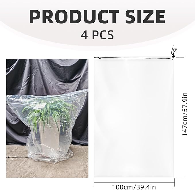 4 PCS Winter Plant Film Covers with Drawstring- 35.4" x59" Transparent Freeze Protection Bag Clear Plastic Plant Shelter Waterproof Coverings for Outdoor Garden Plant Rain Snow Frost Protection