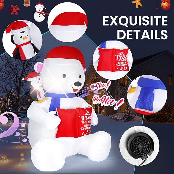8FT Giant Christmas Inflatable Polar Bear with Penguin Decoration, LED Light Up & Built-in Speaker, Blow Up Outdoor Indoor Xmas Yard Decor for Lawn Garden Party Holiday Season