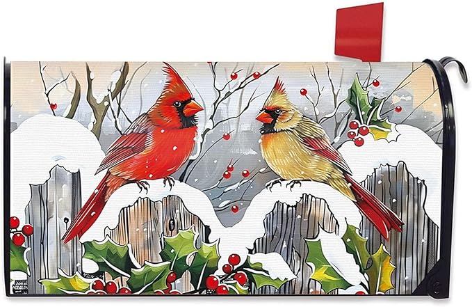 Winter Cardinal Mailbox Cover Magnetic Standard Size 20.5" x 18", Red Birds Holly Berries Snow Decorative Post Letter Box Wrap Decor, Christmas Seasonal Farmhouse Garden Yard Outdoor Decoration